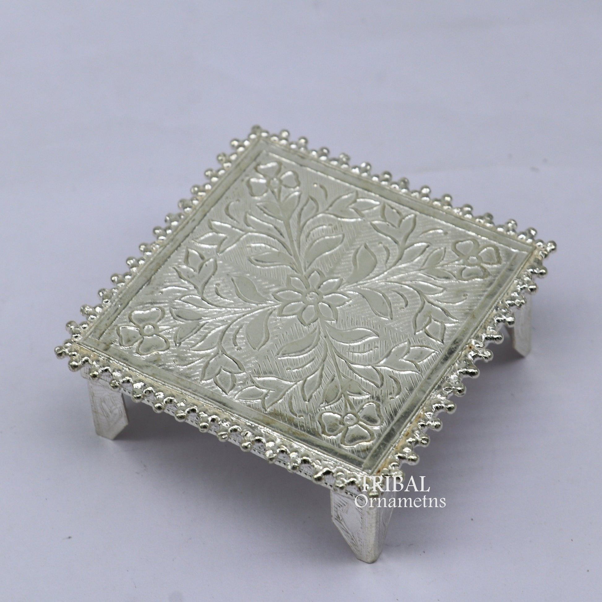 Vintage 2.5-inch sterling silver square-shaped puja utensil from Tribal Ornaments, handcrafted for home temple rituals.