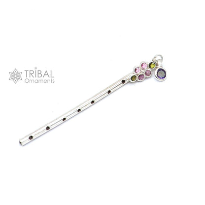 2.7" Flute divine 925 sterling silver handmade plain stone work idol Krishna flute, silver bansuri, laddu Gopala flute, Krishna flute su1227 - TRIBAL ORNAMENTS