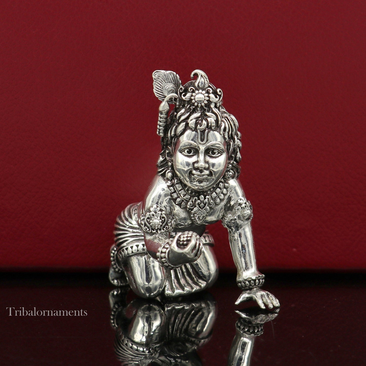 2" 925 silver handmade idol god little Krishna, Laddu Gopal, crawling Krishna small statue sculpture temple puja art, Diwali gift art224 - TRIBAL ORNAMENTS