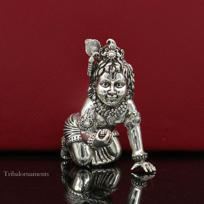 2" 925 silver handmade idol god little Krishna, Laddu Gopal, crawling Krishna small statue sculpture temple puja art, Diwali gift art224 - TRIBAL ORNAMENTS