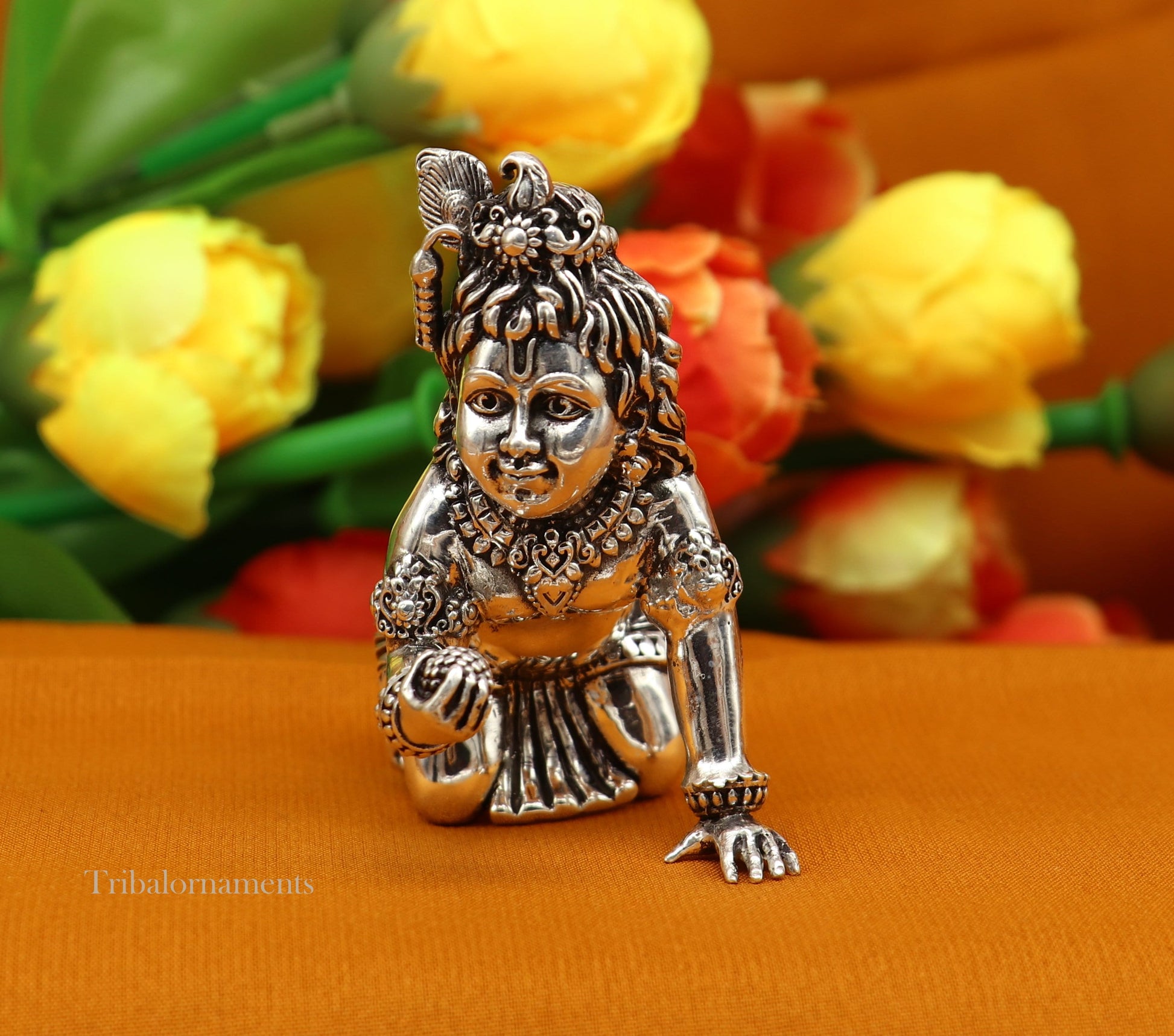 2" 925 silver handmade idol god little Krishna, Laddu Gopal, crawling Krishna small statue sculpture temple puja art, Diwali gift art224 - TRIBAL ORNAMENTS