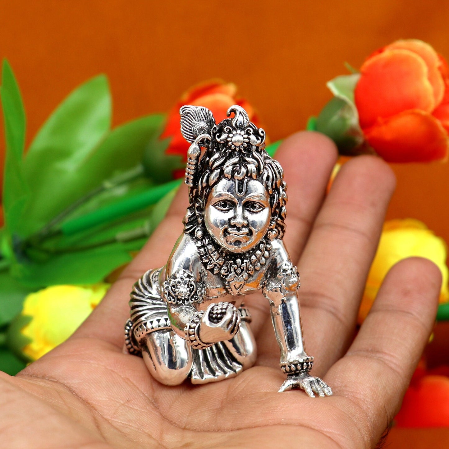 2" 925 silver handmade idol god little Krishna, Laddu Gopal, crawling Krishna small statue sculpture temple puja art, Diwali gift art224 - TRIBAL ORNAMENTS