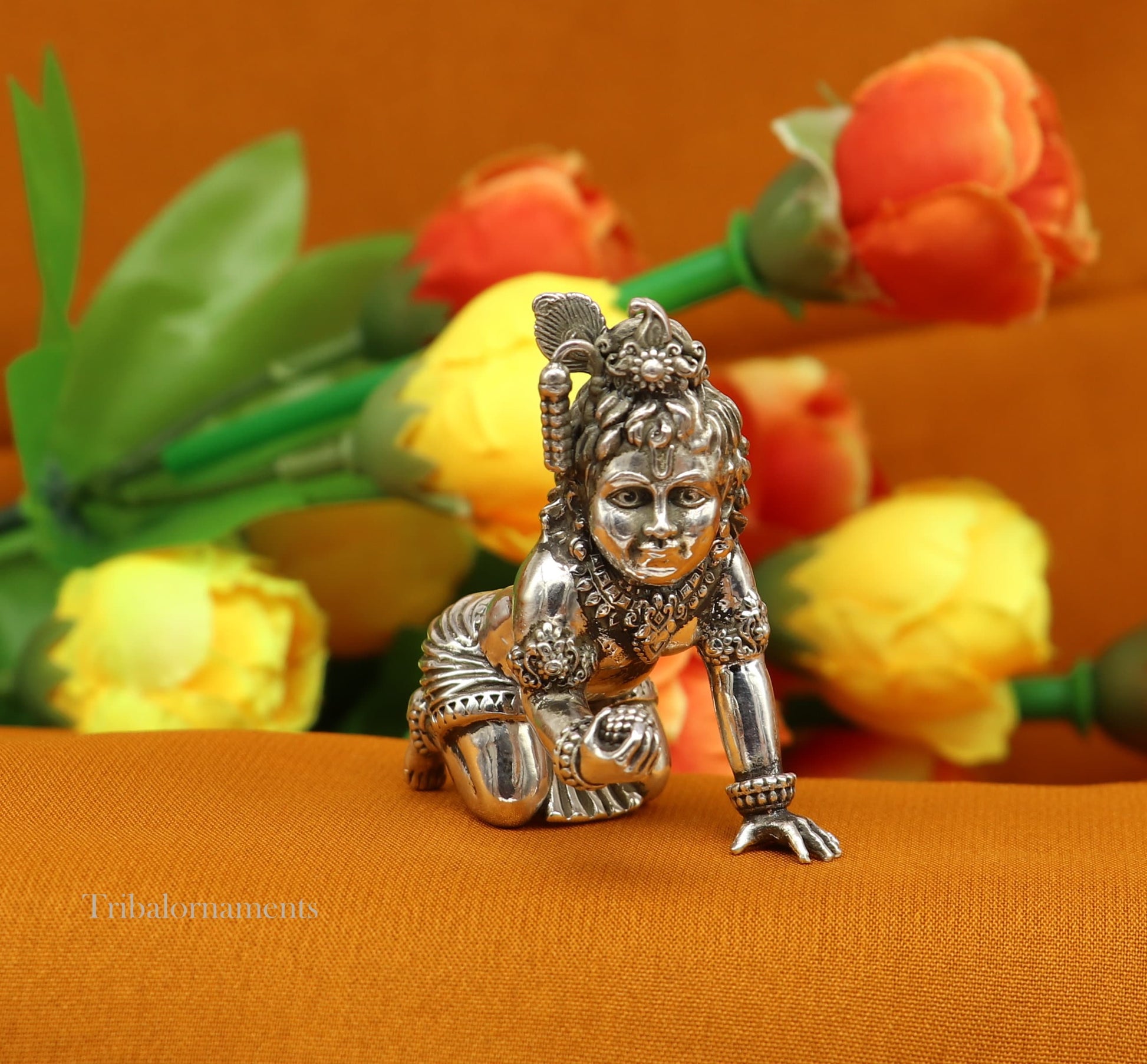 2" 925 silver handmade idol god little Krishna, Laddu Gopal, crawling Krishna small statue sculpture temple puja art, Diwali gift art224 - TRIBAL ORNAMENTS