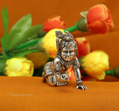 2" 925 silver handmade idol god little Krishna, Laddu Gopal, crawling Krishna small statue sculpture temple puja art, Diwali gift art224 - TRIBAL ORNAMENTS