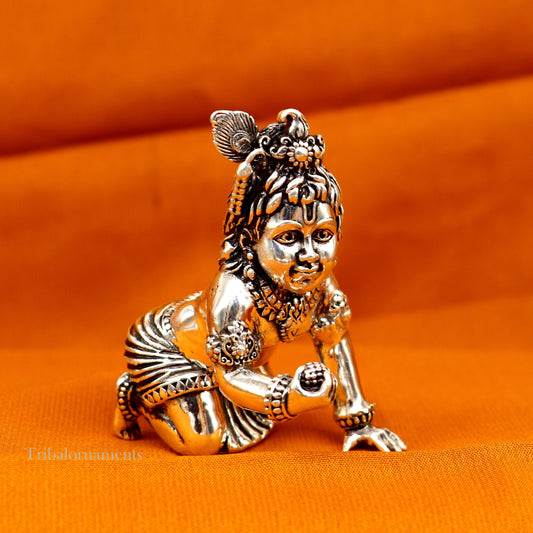 2" 925 silver handmade idol god little Krishna, Laddu Gopal, crawling Krishna small statue sculpture temple puja art, Diwali gift art231 - TRIBAL ORNAMENTS