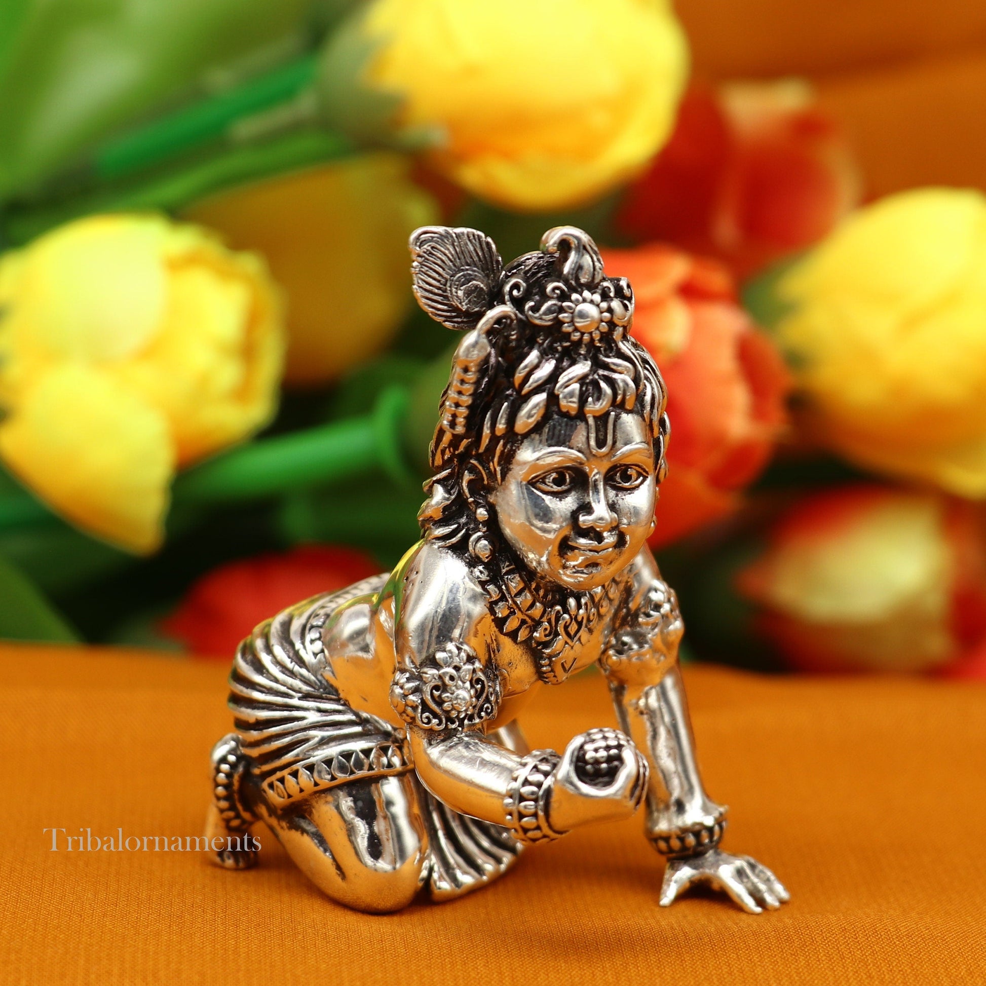 2" 925 silver handmade idol god little Krishna, Laddu Gopal, crawling Krishna small statue sculpture temple puja art, Diwali gift art231 - TRIBAL ORNAMENTS