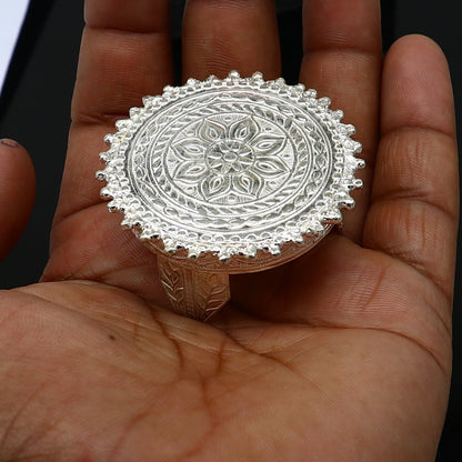Vintage 925 Sterling silver small round table/chouki for puja, handmade tribal design, ideal for home temple or altar decor.