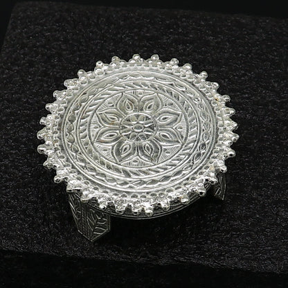 Vintage 2-inch 925 Sterling silver handmade round table/bazot/chouki for puja, tribal ornaments temple art, excellent home puja utensil