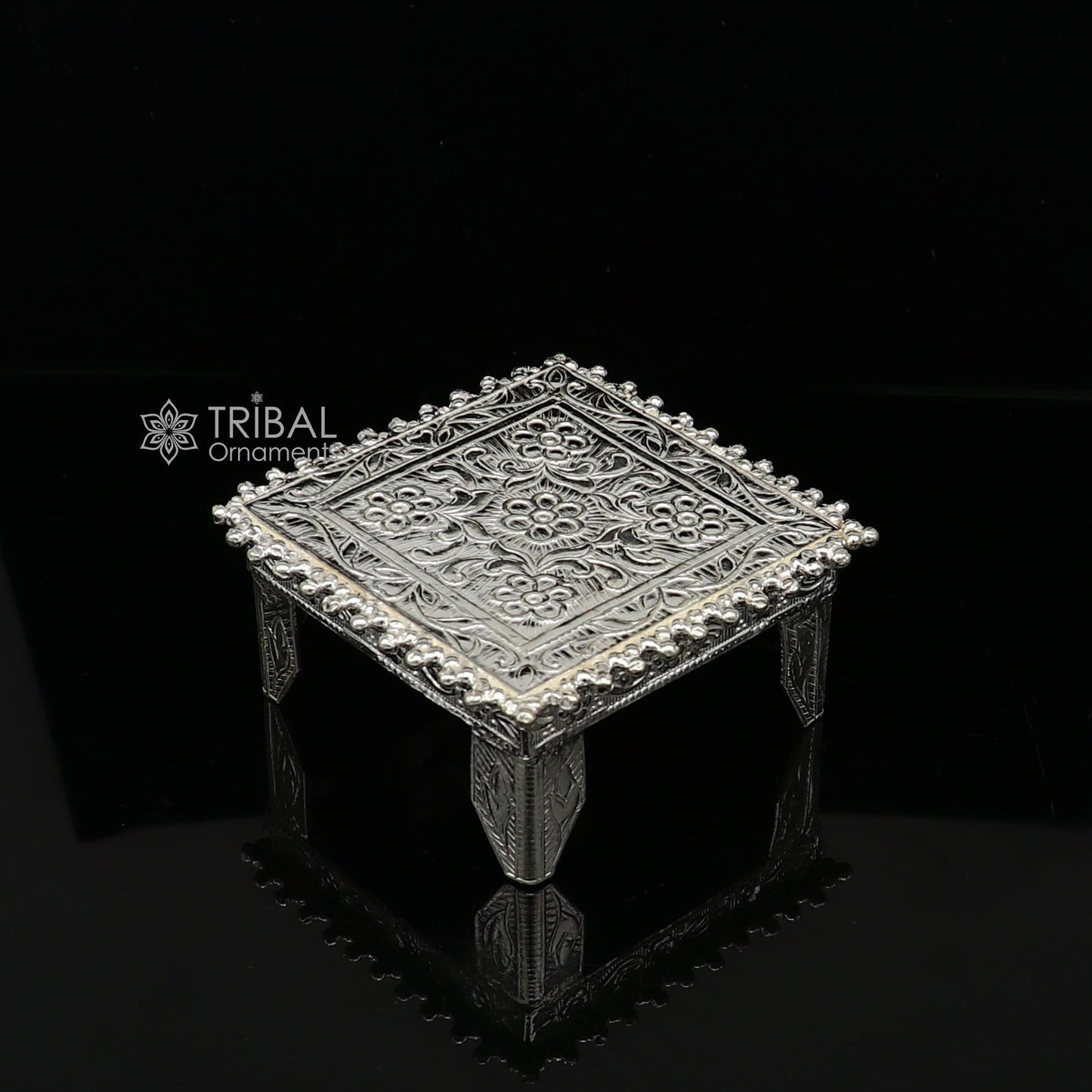Vintage sterling silver small square table chouki by Tribal Ornaments, handmade home puja utensil for temple and altar decor.