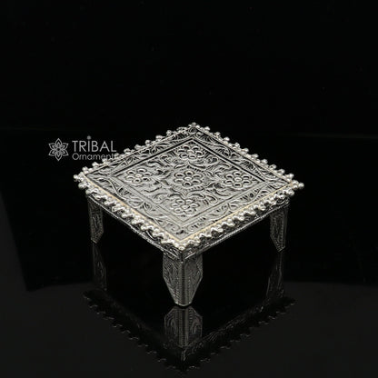 Vintage sterling silver small square table chouki by Tribal Ornaments, handmade home puja utensil for temple and altar decor.