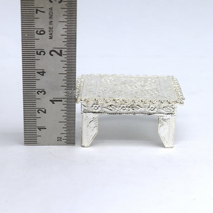 Vintage silver handmade small square table bazot or chouki for puja, crafted by TRIBAL ORNAMENTS, perfect for home temple decor.
