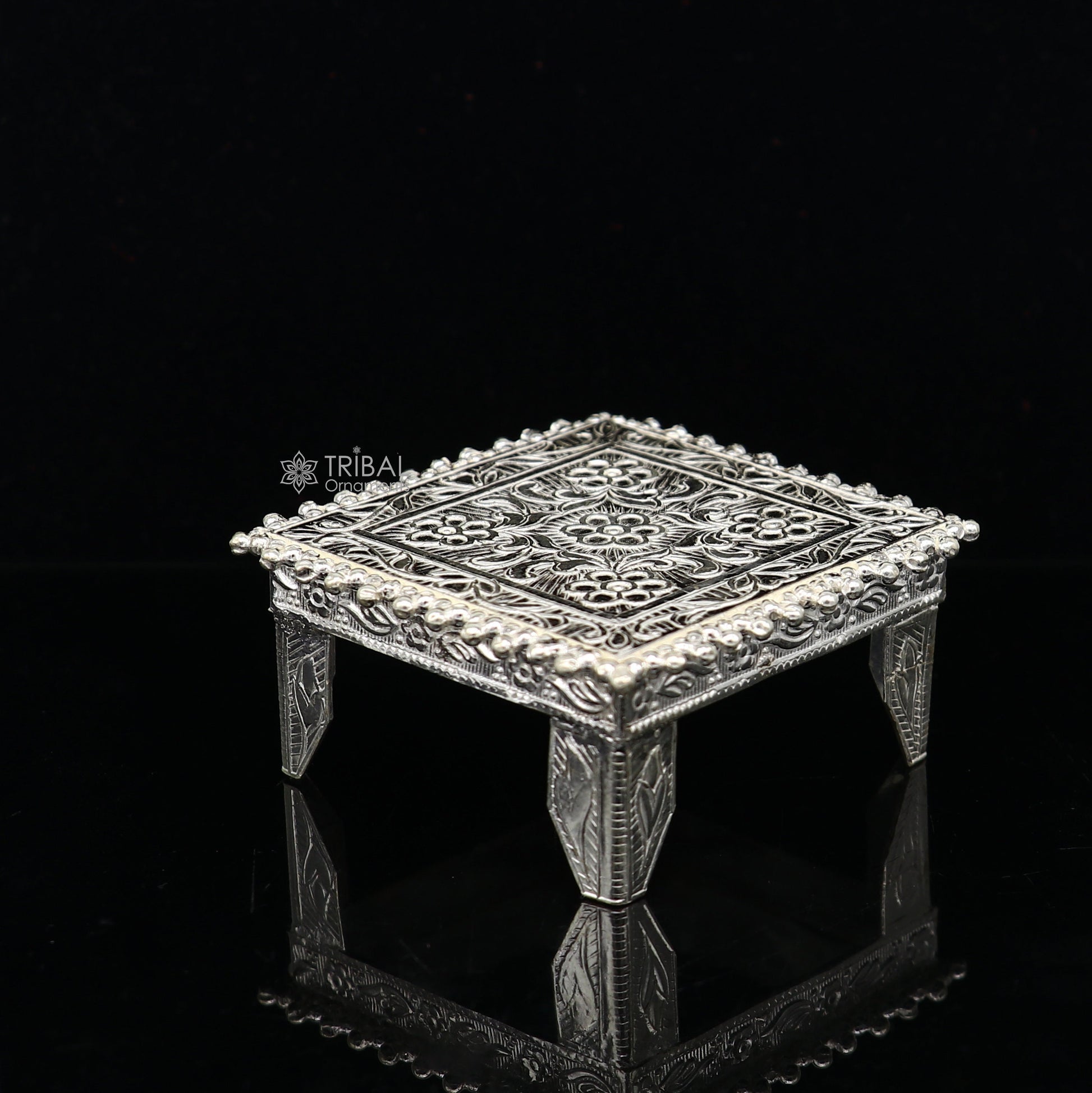 Vintage sterling silver square-shaped puja utensil by Tribal Ornaments, handmade for home temple use and religious ceremonies.