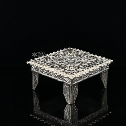 Vintage sterling silver square-shaped puja utensil by Tribal Ornaments, handmade for home temple use and religious ceremonies.