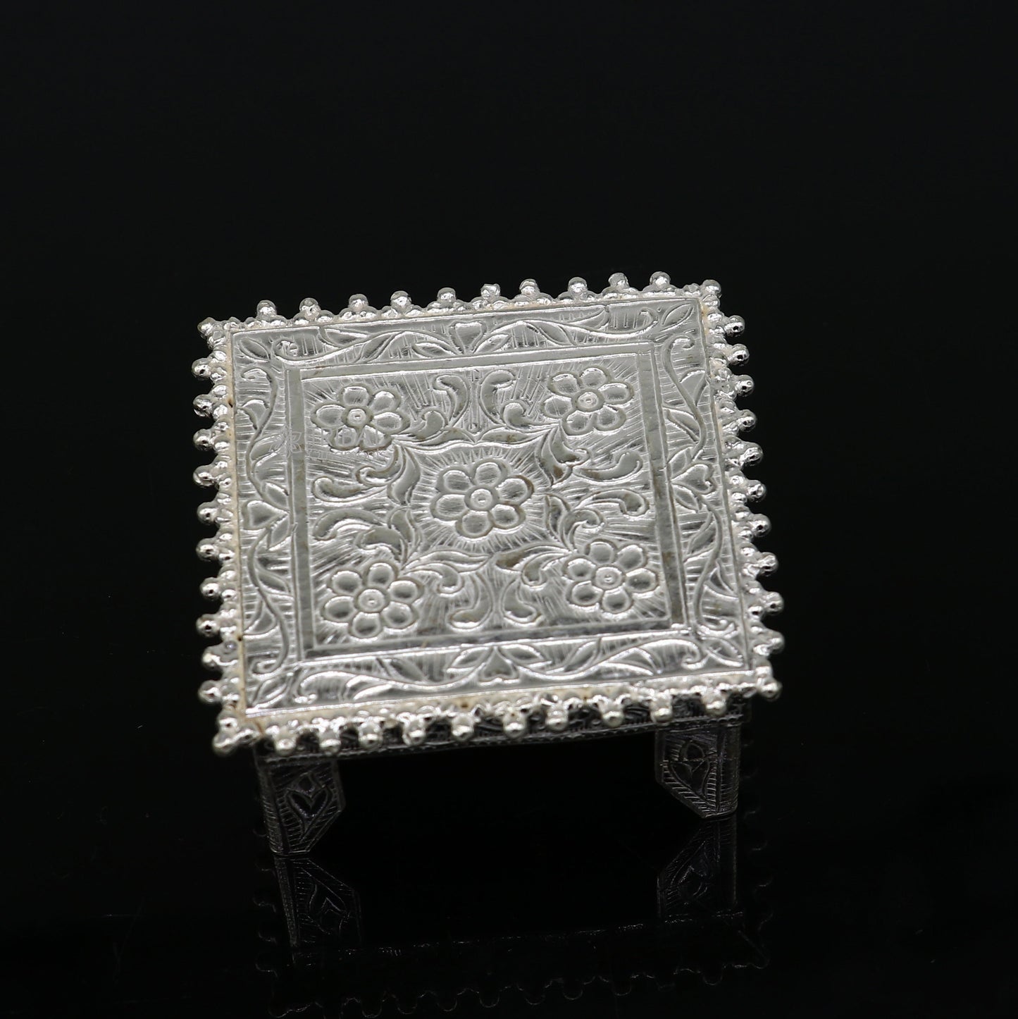 Vintage sterling silver small square table/bazot with tribal design, handmade for puja and temple home use by TRIBAL ORNAMENTS.