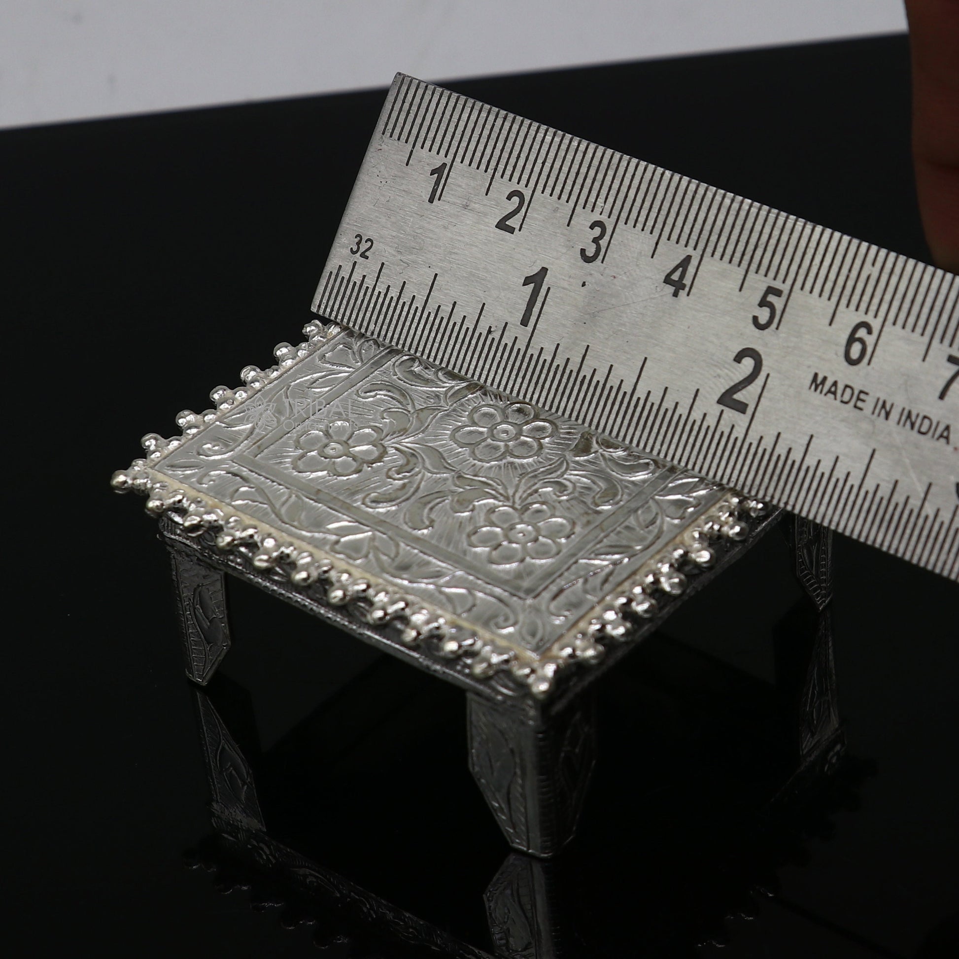 Vintage sterling silver small square table bazot or chouki, handcrafted tribal ornaments for home puja and temple decor.