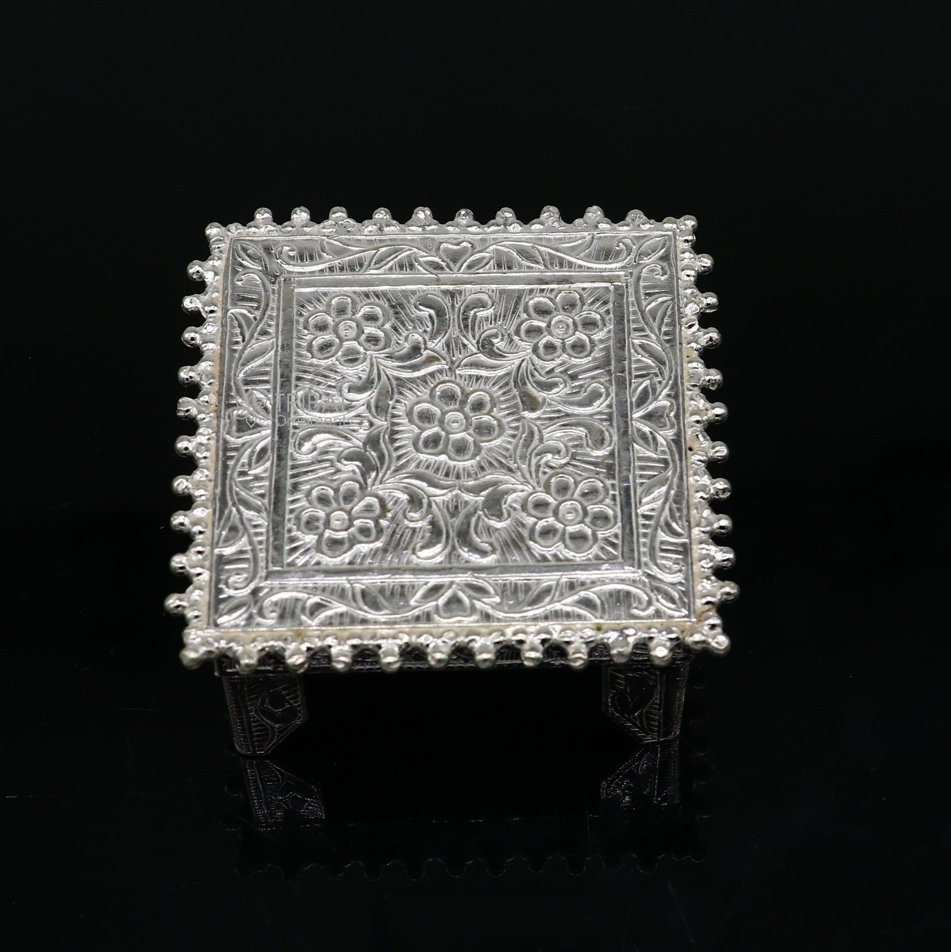 Vintage-style sterling silver small square table bazot or chouki, handmade tribal ornament for home puja and temple decor.