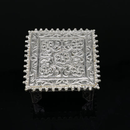 Vintage-style sterling silver small square table bazot or chouki, handmade tribal ornament for home puja and temple decor.