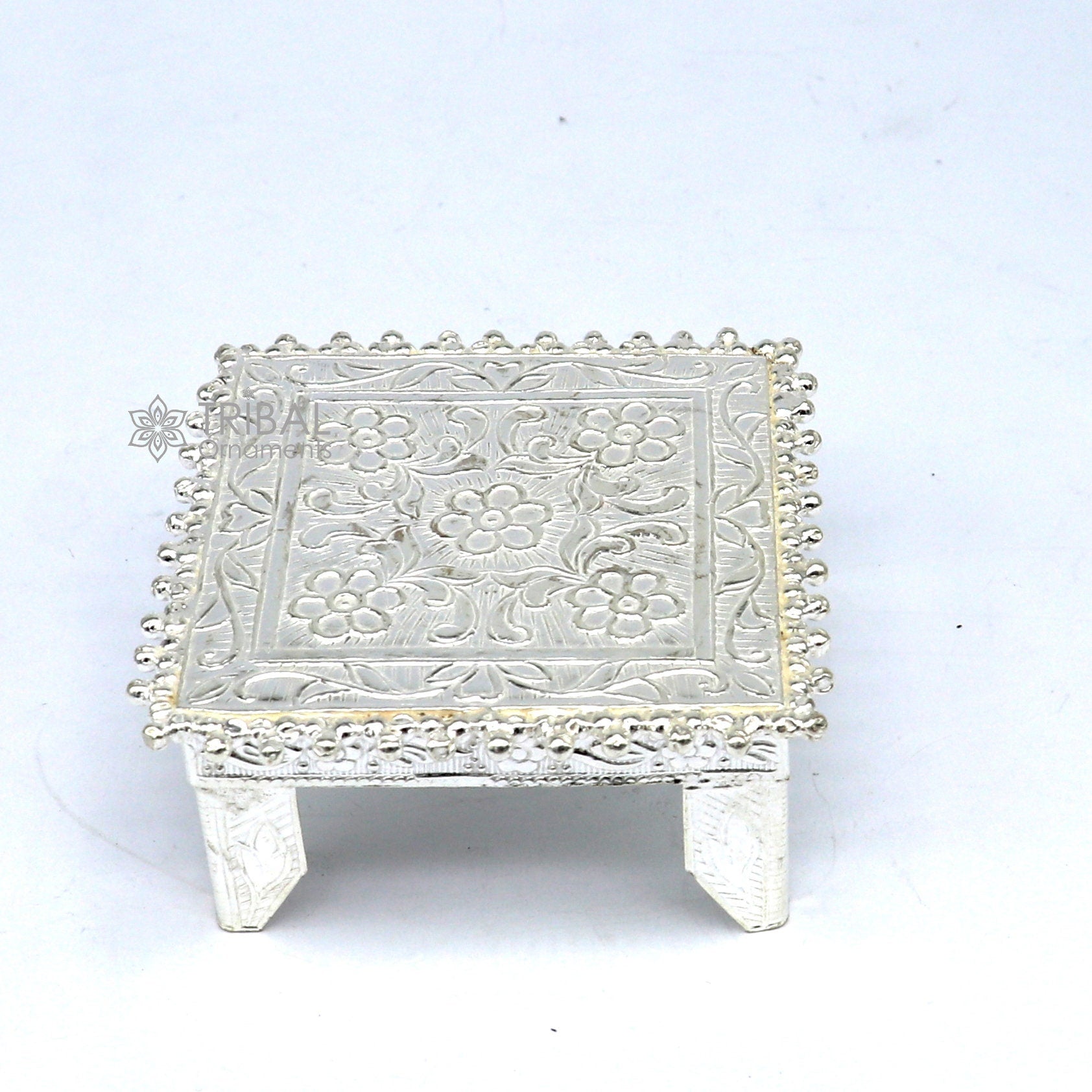 Sterling silver vintage small square table puja utensil by TRIBAL ORNAMENTS, handcrafted temple art for home puja rituals.