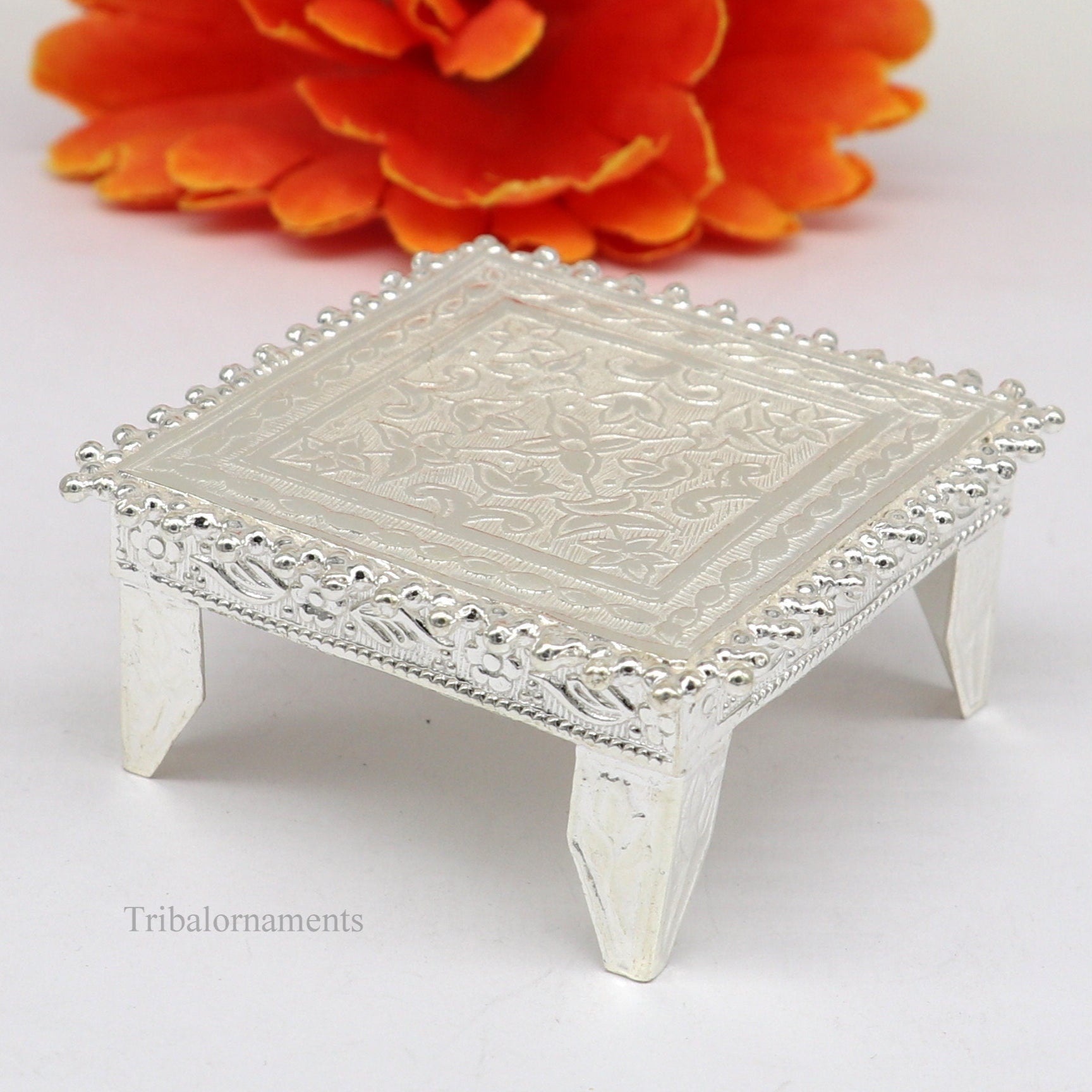 2" Vintage design Sterling silver handmade customize small square shape table/bazot/chouki, excellent home puja utensils temple art su430 - TRIBAL ORNAMENTS