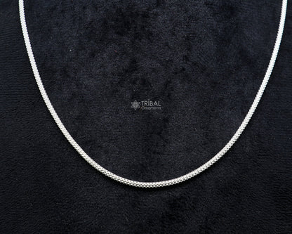 Tribal Ornaments 20-inch 2mm sterling silver round box chain necklace, trendy style jewelry for men and women, handmade design.