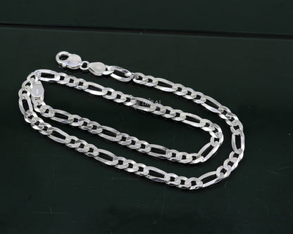 20-inch TRIBAL ORNAMENTS sterling silver men's Figaro chain, 7mm solid handmade jewelry with stylish design.