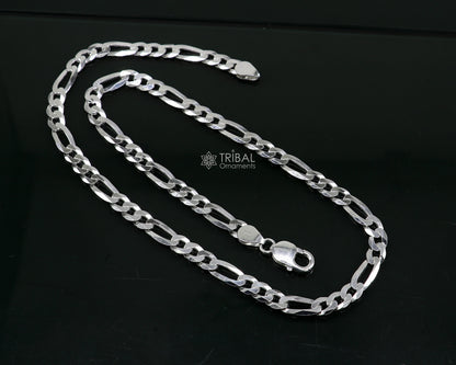 20-inch TRIBAL ORNAMENTS sterling silver 7mm solid figaro chain, stylish men's jewelry with handmade craftsmanship.
