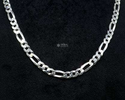 20-inch TRIBAL ORNAMENTS sterling silver figaro chain for men, 7mm solid handmade jewelry with stylish, intricate links.