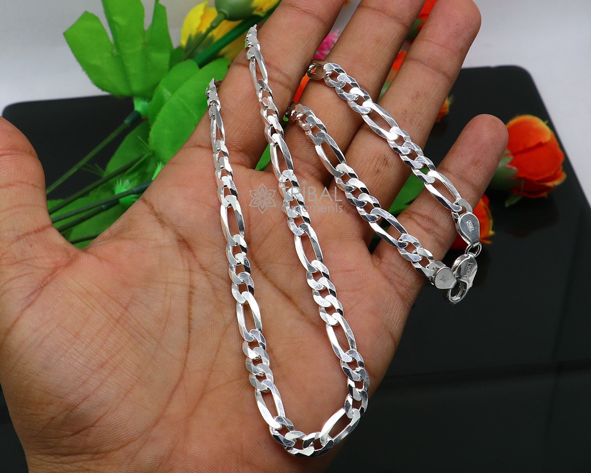 20" 7 MM 925 sterling silver handmade solid figaro chain stylish silver chain necklace, unisex chain best gifting jewelry from India ch230 - TRIBAL ORNAMENTS