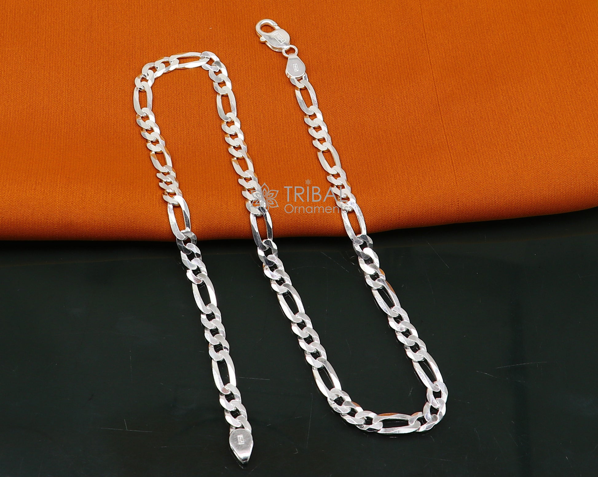 20" 7 MM 925 sterling silver handmade solid figaro chain stylish silver chain necklace, unisex chain best gifting jewelry from India ch230 - TRIBAL ORNAMENTS