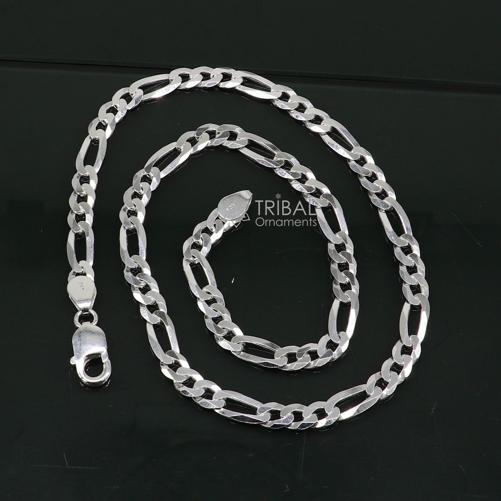 20" 7 MM 925 sterling silver handmade solid figaro chain stylish silver chain necklace, unisex chain best gifting jewelry from India ch230 - TRIBAL ORNAMENTS