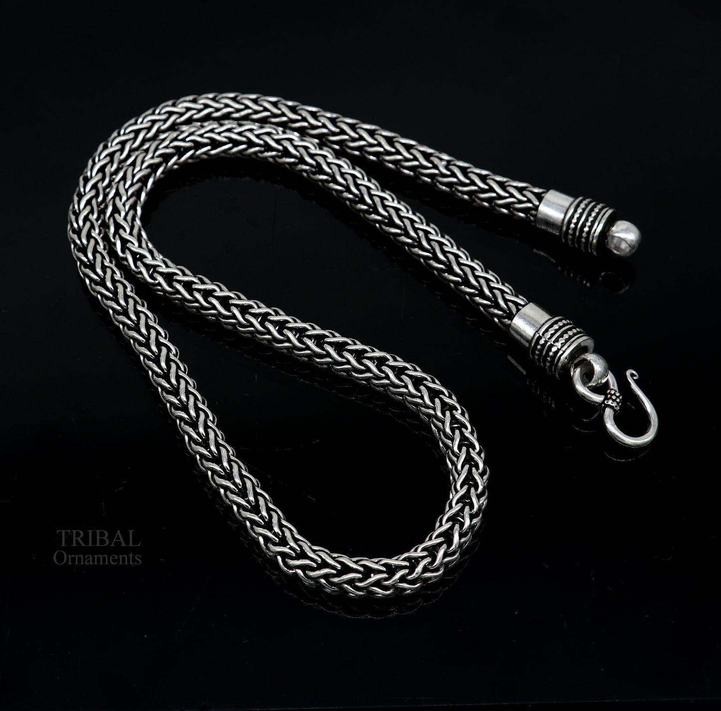 22-inch sterling silver heavy wheat chain necklace with vintage oxidized tribal design, handmade tribal jewelry by TRIBAL ORNAMENTS.