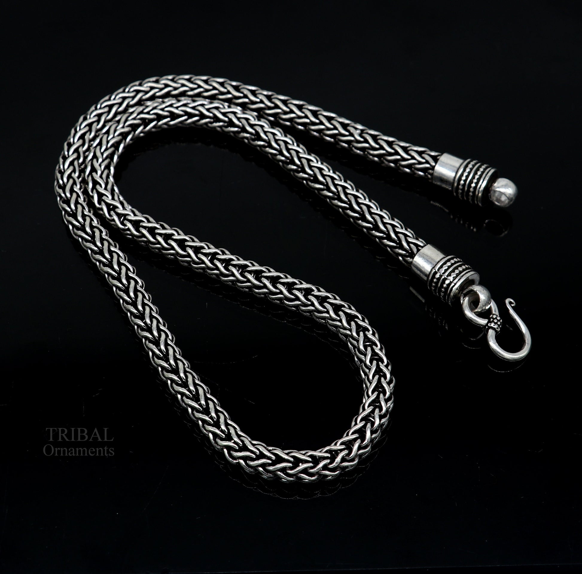 22-inch sterling silver heavy wheat chain necklace with vintage oxidized tribal design, handmade tribal jewelry by TRIBAL ORNAMENTS.
