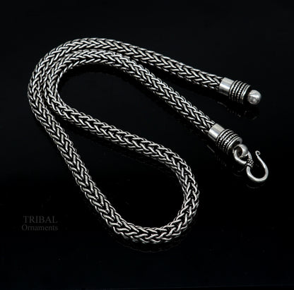 22-inch sterling silver heavy wheat chain necklace with vintage oxidized tribal design, handmade tribal jewelry by TRIBAL ORNAMENTS.