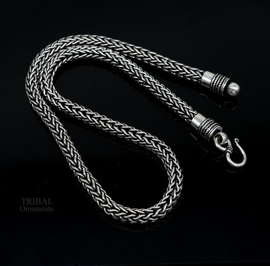 22-inch sterling silver heavy wheat chain necklace with vintage oxidized tribal design, handmade tribal jewelry by TRIBAL ORNAMENTS.