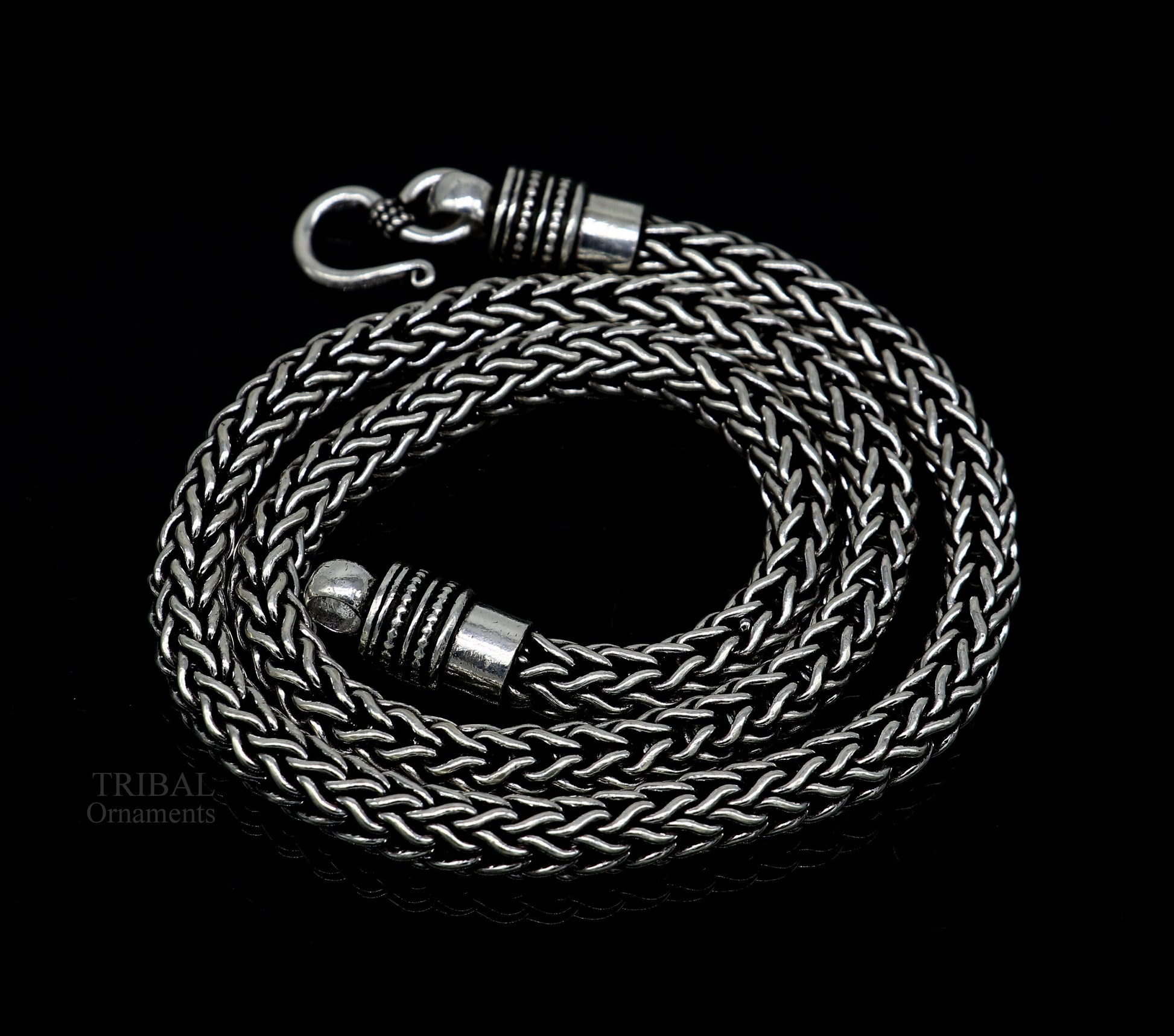 22-inch TRIBAL ORNAMENTS sterling silver heavy wheat chain necklace with vintage oxidized tribal jewelry design.