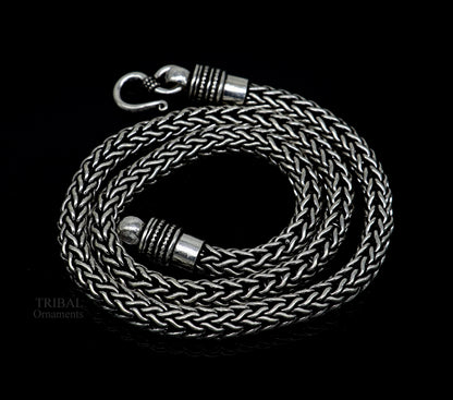 22-inch TRIBAL ORNAMENTS sterling silver heavy wheat chain necklace with vintage oxidized tribal jewelry design.