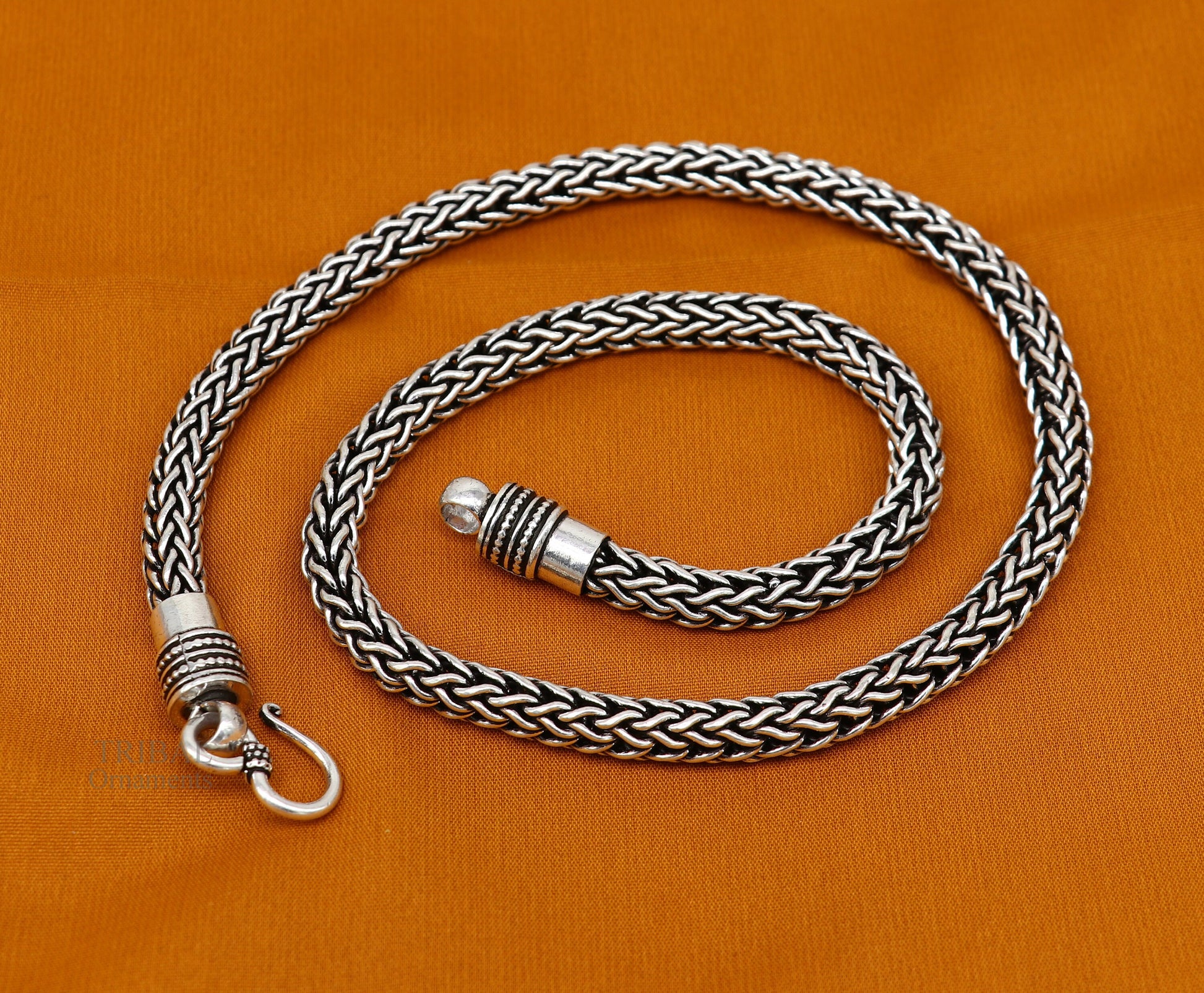 22-inch TRIBAL ORNAMENTS sterling silver heavy wheat chain necklace with oxidized tribal design and vintage craftsmanship.