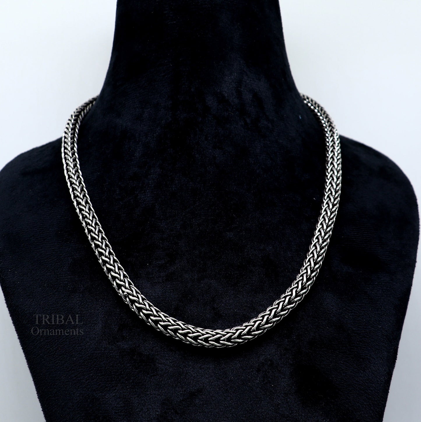 22-inch 925 sterling silver heavy wheat chain necklace with oxidized tribal design by Tribal Ornaments
