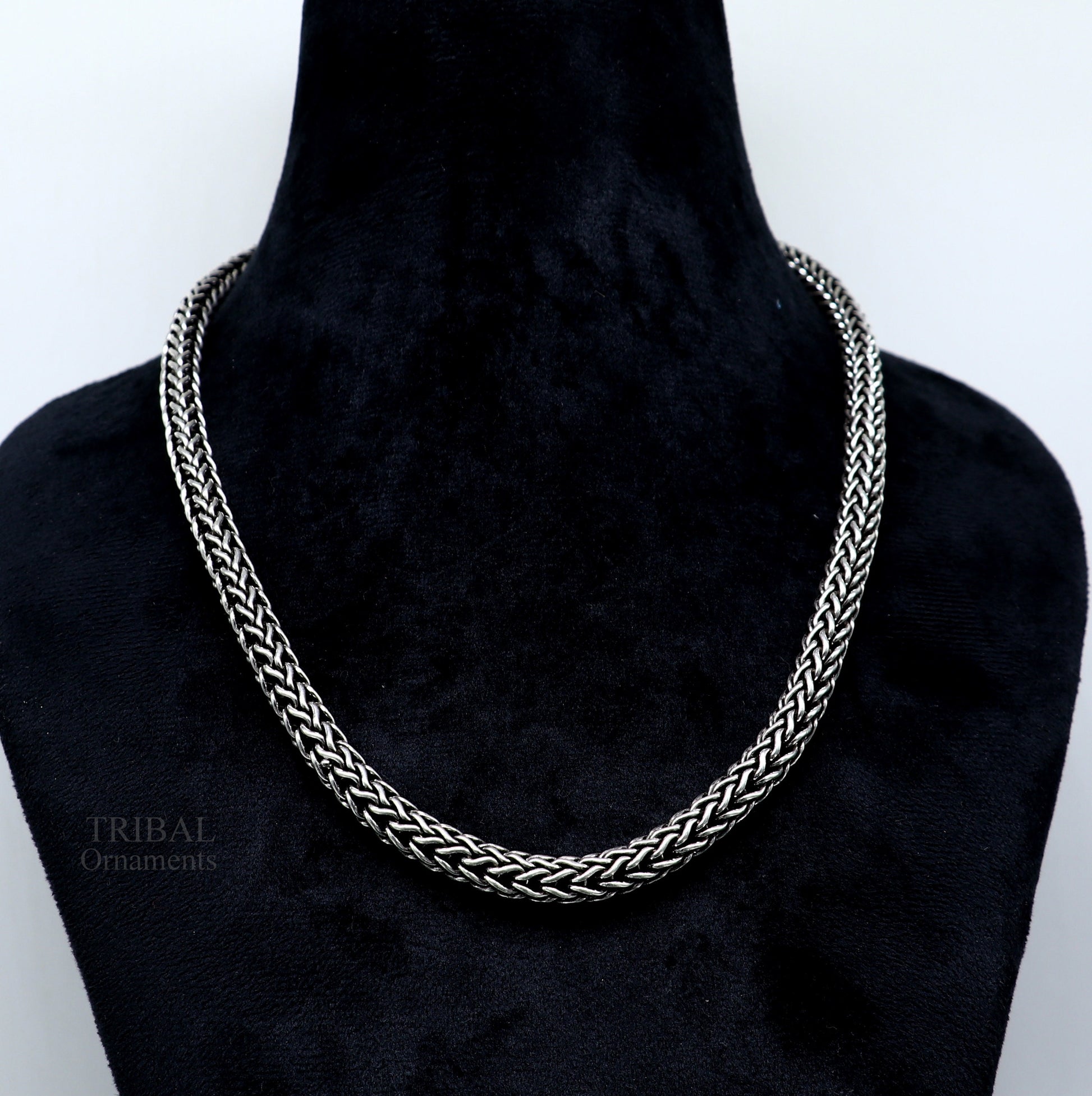 22-inch 925 sterling silver heavy wheat chain necklace with oxidized tribal design by Tribal Ornaments