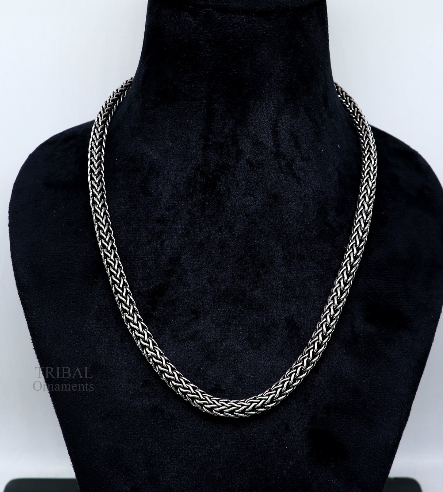 22-inch TRIBAL ORNAMENTS sterling silver heavy wheat chain necklace with oxidized tribal design and vintage craftsmanship.