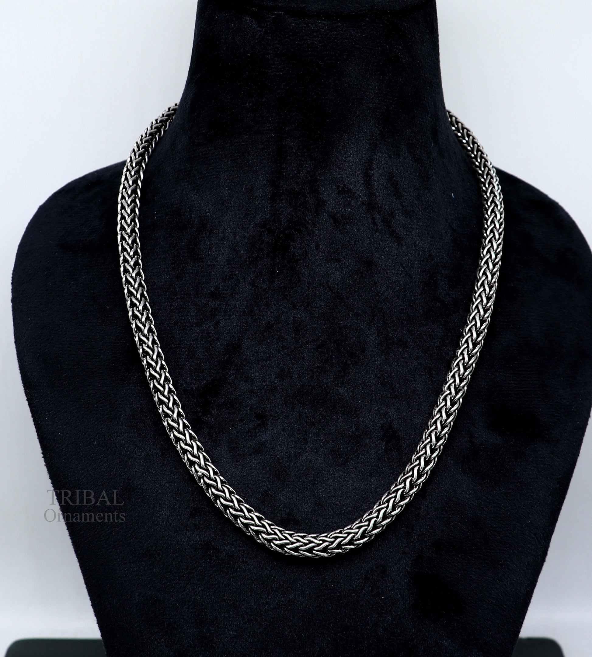 22-inch TRIBAL ORNAMENTS sterling silver heavy wheat chain necklace with oxidized tribal design and vintage craftsmanship.
