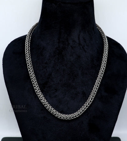 22-inch TRIBAL ORNAMENTS sterling silver heavy wheat chain necklace with oxidized tribal design and vintage craftsmanship.