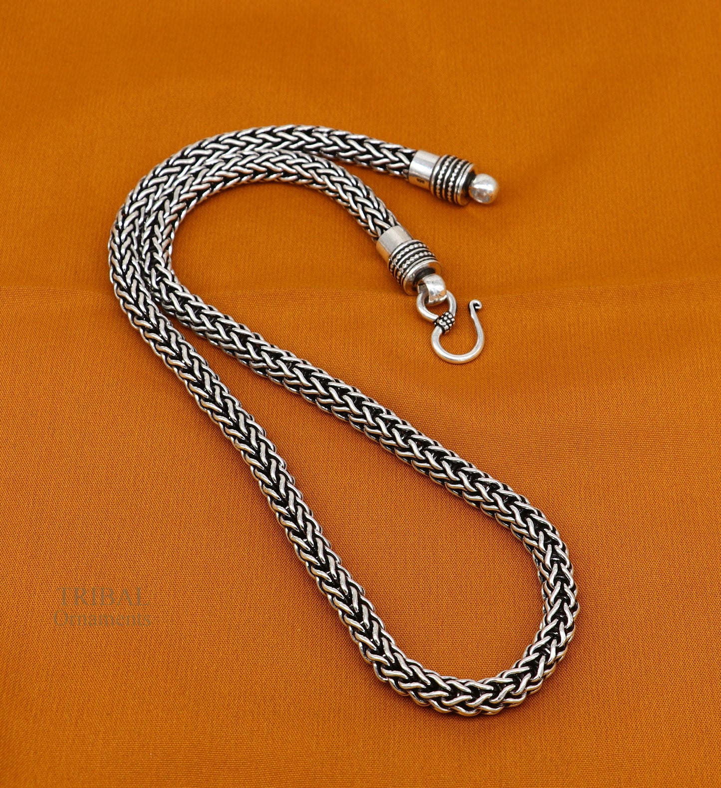 22-inch TRIBAL ORNAMENTS sterling silver heavy wheat chain necklace with oxidized vintage tribal design, handcrafted jewelry accessory