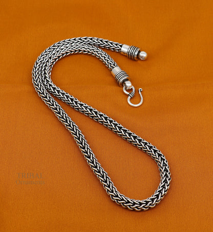 22-inch TRIBAL ORNAMENTS sterling silver heavy wheat chain necklace with oxidized vintage tribal design, handcrafted jewelry accessory