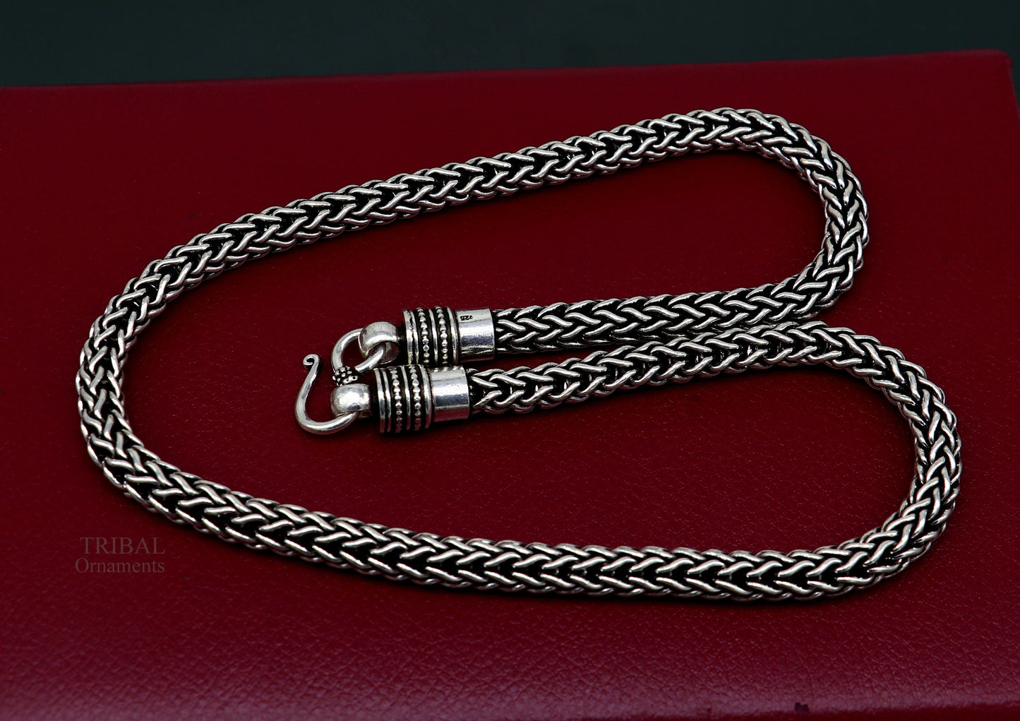 22-inch TRIBAL ORNAMENTS sterling silver heavy wheat chain necklace with oxidized tribal design and vintage craftsmanship.