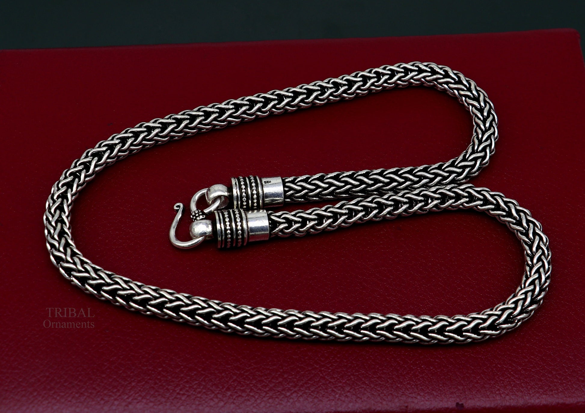 22-inch TRIBAL ORNAMENTS sterling silver heavy wheat chain necklace with oxidized tribal design and vintage craftsmanship.
