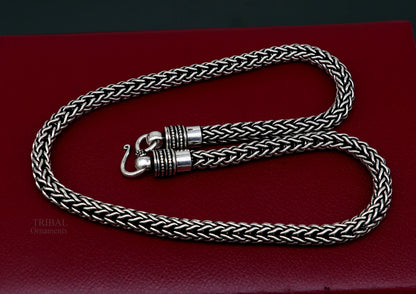 22-inch TRIBAL ORNAMENTS sterling silver heavy wheat chain necklace with oxidized tribal design and vintage craftsmanship.