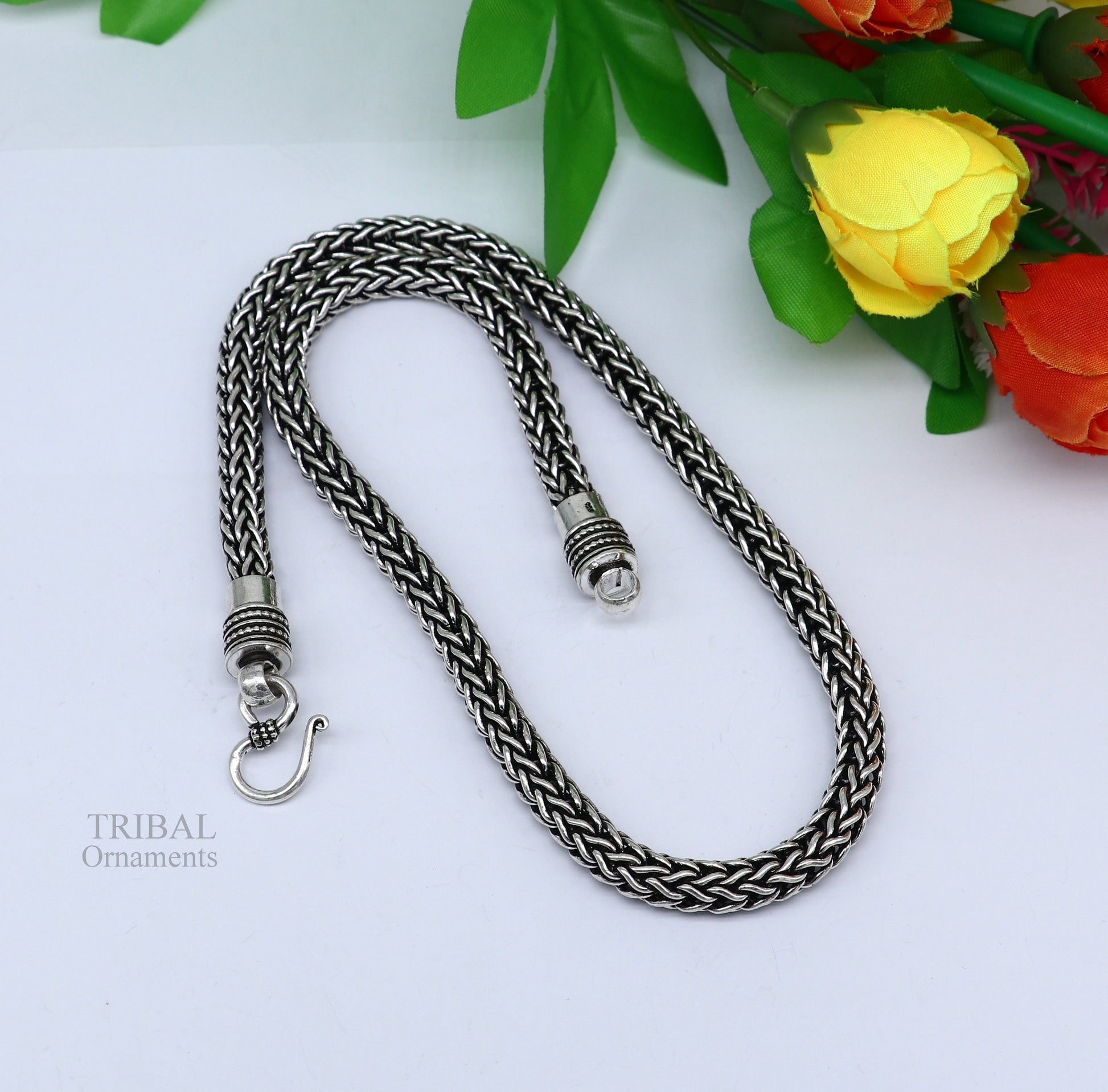 22-inch TRIBAL ORNAMENTS sterling silver heavy wheat chain necklace with oxidized tribal design, handcrafted vintage jewelry piece.