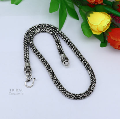 22-inch TRIBAL ORNAMENTS sterling silver heavy wheat chain necklace with oxidized tribal design, handcrafted vintage jewelry piece.