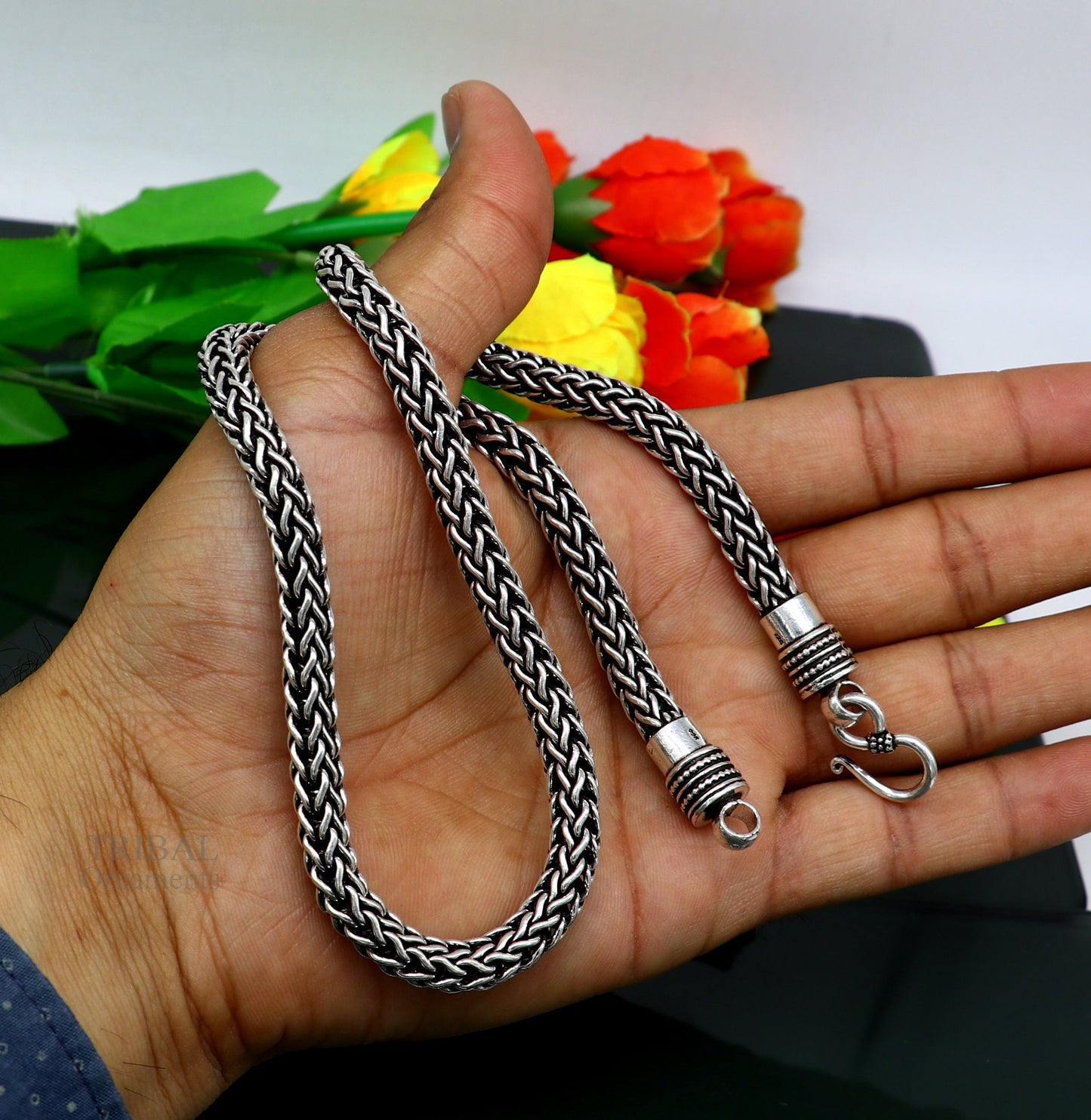 22-inch TRIBAL ORNAMENTS sterling silver heavy wheat chain necklace with oxidized tribal design and vintage craftsmanship.